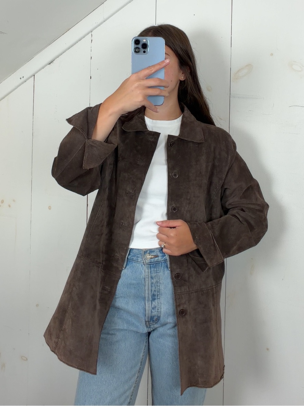 Vintage Brown Suede Leather Mid Length Jacket Women’s 12 Large Lightweight Y2K